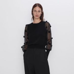 ZARA sheer sleeve with pom poms sweater top S